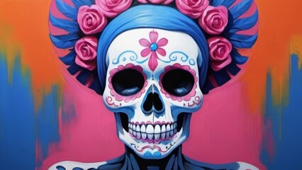 A vibrant sugar skull adorned with pink flowers, showcasing intricate details and colorful artistry.