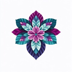 Fototapeta premium A vibrant floral design with layered petals in shades of purple, teal, and green, creating a striking symmetrical pattern.