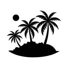 Palm Tree Silhouette Vector Illustration on Small Island Isolated on White Background
