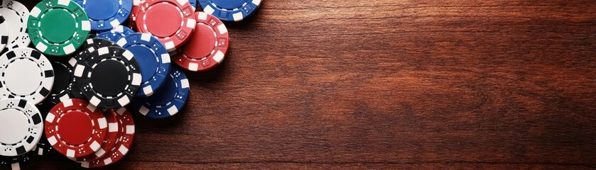 Poker chips on wooden table background.