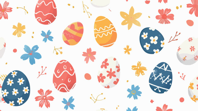 A vibrant Easter-themed illustration featuring pastel-colored eggs adorned with floral patterns, surrounded by blossoming flowers and foliage. A joyful celebration of springtime in soft, charming colo