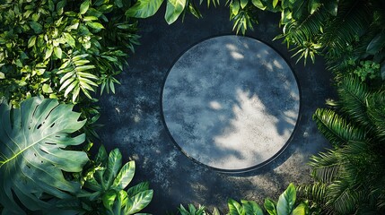 Fototapeta premium 1. A top-view flatlay of a round stage podium surrounded by lush greenery, with a large tree casting shadows and creating a sunshade effect, providing ample copy space for advertising and product
