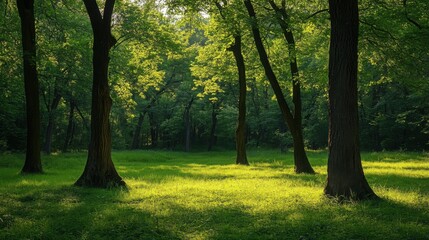 Lush green forest with vibrant trees, serene outdoor atmosphere.