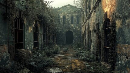 Forsaken Fortress, an eerie abandoned prison, crumbling walls, overgrown grounds, haunting atmosphere, whispers of forgotten stories
