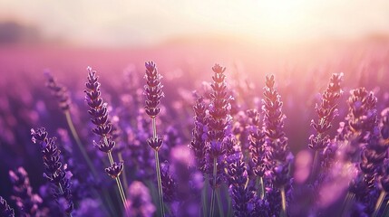   A field of lavender flowers with the sun shining in the background, blurred