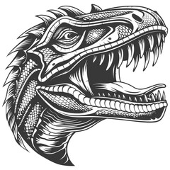 Detailed Black and White Illustration of a Dinosaurs Head with Open Mouth and Sharp Teeth