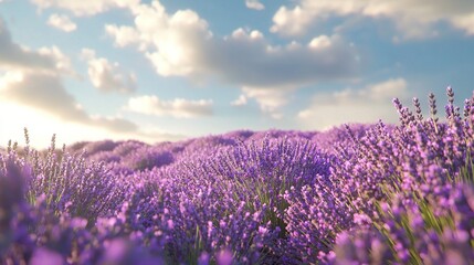 Obraz premium Purple flower field beneath blue sky, sun at center, cloudy backdrop