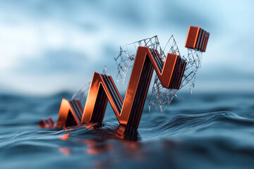 Shattered stock market graphs rise above turbulent waters, symbolizing volatility and uncertainty in financial markets. dynamic shapes reflect challenges faced by investors