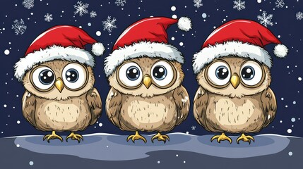 Obraz premium Cartoon Christmas owls in Santa caps. AI generated illustration.