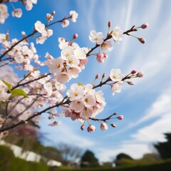 Obraz premium Close-up view of delicate pink cherry blossoms blooming on a tree branch against a bright blue sky with white clouds.