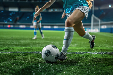 Young soccer player feet running after the ball on green grass. Running female soccer football player. Female girl woman footballer kicking football match game.