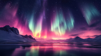 Vibrant northern lights display over arctic mountains and calm waters, colorful aurora borealis, night sky, polar nature phenomenon, winter landscape, starry scenic view