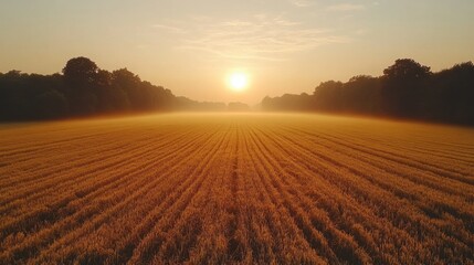 Fototapeta premium Serene Sunrise Over Countryside Farm Field Captured with DJI Mavic Air 2 Drone