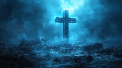 Naklejka premium Misty landscape with a glowing blue cross in the center, mysterious spiritual scene, foggy atmosphere, eerie environment, religious symbol, surreal and mystical