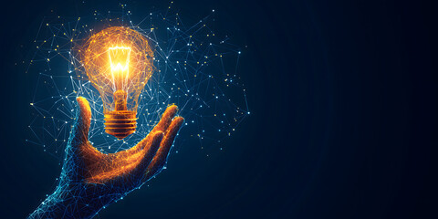 hand holding a light bulb digital network. New ideas, business innovation. 4k ultra realism, copy space