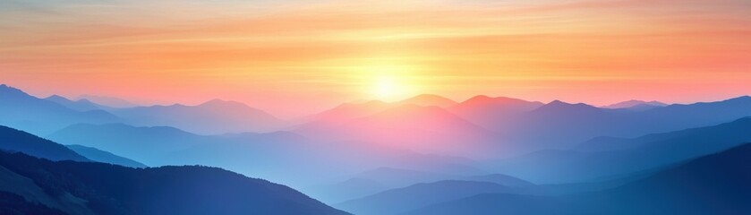 Obraz premium Sunset over mountains with vibrant colors, soft lighting, peaceful scene.