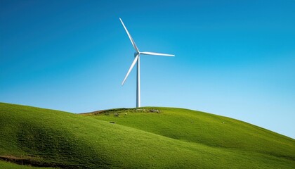 Obraz premium Renewable Energy Wind Turbine on Green Hill with Clear Blue Sky. Clean Energy Concept for Sustainable Power Generation and Eco Friendly Solutions
