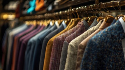 Stylish men suits neatly arranged on hangers in a boutique, showcasing a variety of colors and styles, ready for a fashionable wardrobe update