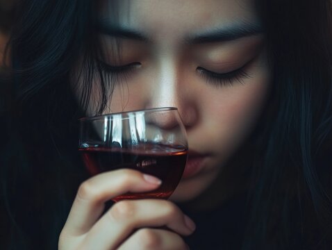 Contemplative Wine Glass with Asian Female