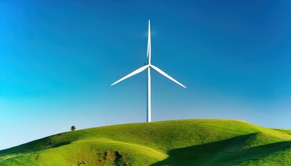 Obraz premium Renewable Energy Wind Turbine on Green Hill with Clear Blue Sky. Clean Energy Concept for Sustainable Power Generation and Eco Friendly Solutions