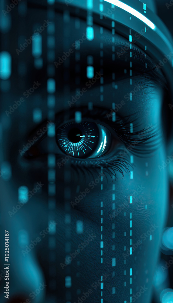 Poster close up futuristic human eye with digital data overlay blue tones technology cyber security ai bein
