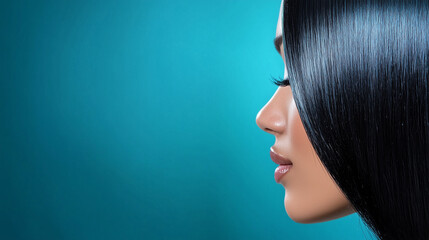 A model with perfectly styled, glossy hair that looks incredibly healthy and luxurious. The lighting emphasizes the shine and smoothness. Hair care concept