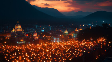 night on Karthigai Deepam, devotees gather around Tiruvannamalai Temple to light oil lamps, orange and red hues of flame, Ai generated images
