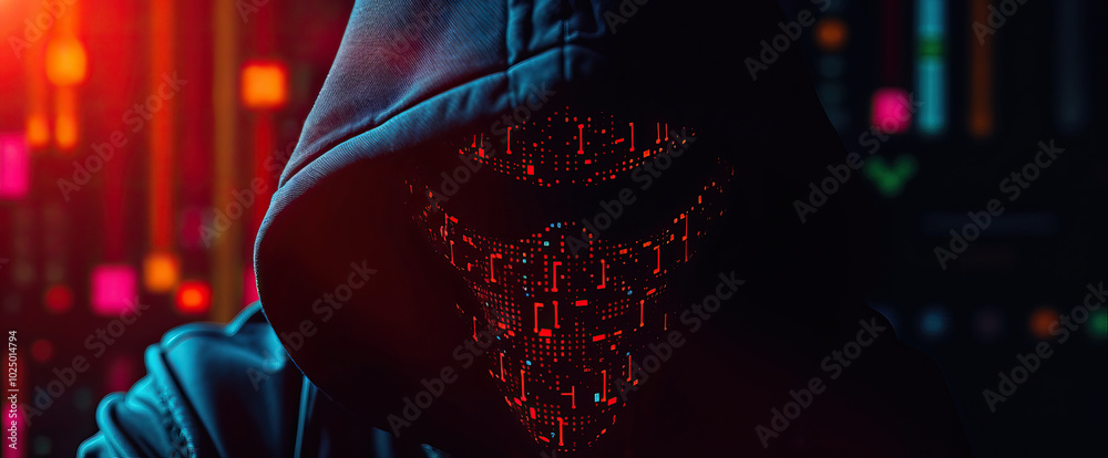 Poster dark mysterious hacker in hood with glowing red digital mask with neon lights cybersecurity theme