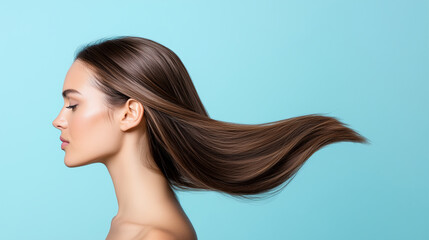 A model with perfectly styled, glossy hair that looks incredibly healthy and luxurious. The lighting emphasizes the shine and smoothness. Hair care concept