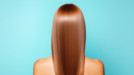 Naklejka premium A model with perfectly styled, glossy hair that looks incredibly healthy and luxurious. The lighting emphasizes the shine and smoothness. Hair care concept