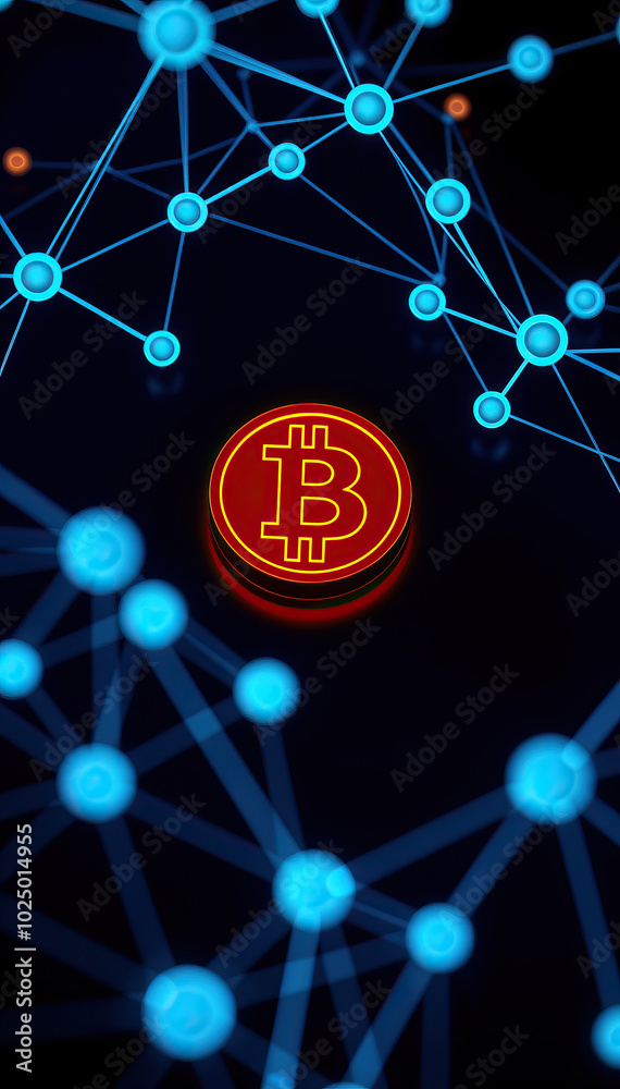 Aufkleber glowing bitcoin symbol surrounded by abstract blue network connections on dark background cryptocurr