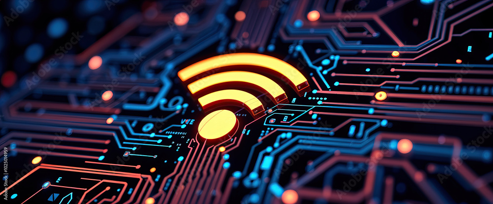 Poster glowing wifi symbol on advanced tech blue circuit board network connection background for technology concept