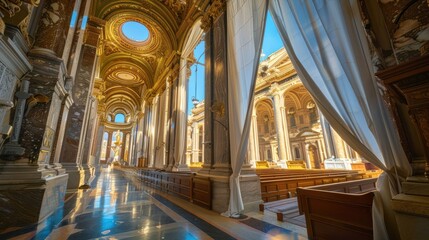 Obraz premium Interior of a grand church with sunlight streaming through a window, revealing the high vaulted ceiling and ornate decor.
