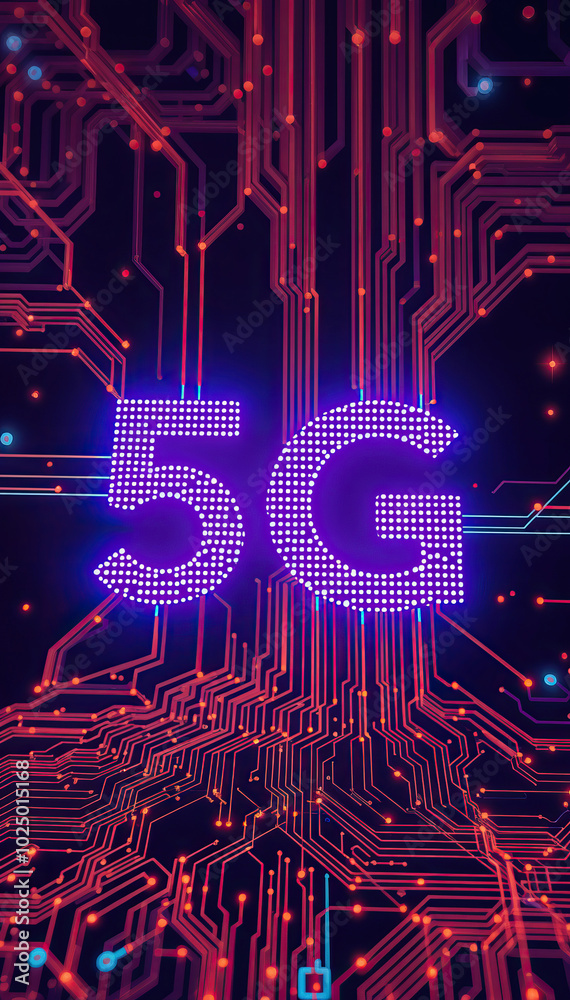 Poster vibrant neon circuit board lines with glowing 5g symbol technology background vertical format