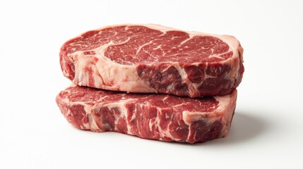 Two juicy raw rib-eye steaks stacked one on top of the other, isolated on a clean white background, highlighting the marbling and freshness of the meat
