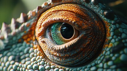Fototapeta premium A detailed portrayal of a lizard's eye, displaying a striking green and orange iridescence around its outer edge