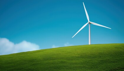 Obraz premium Renewable Energy Wind Turbine on Green Hill with Clear Blue Sky. Clean Energy Concept for Sustainable Power Generation and Eco Friendly Solutions