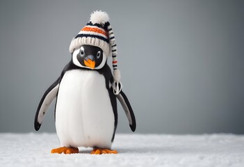 cute penguin in winter hat on snow background with copy space, winter, christmas and new year concept