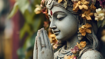 An eco-friendly statue of Goddess Parvati, made from natural, organic clay and adorned with dried flowers, symbolizing love and respect for nature