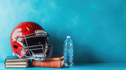 Photo of a football helmet, books, and a water bottle on a blue background. Web banner with copy space on the right. - Powered by Adobe