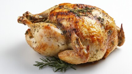 Whole roasted chicken with perfectly crispy skin, isolated on a white background, showcasing its appetizing texture and color