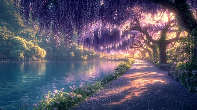 Scenic path beside tranquil river with overhanging trees blooming with violet flowers at dusk. Seamless looping 4K video background