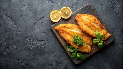 Minimalist crispy tilapia fillets on marble board with black background, top view