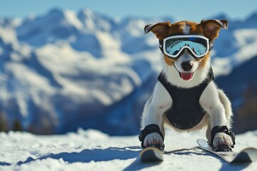 Cute brown and white dog in ski gear, wearing black vest and goggles, standing on skis on snowy mountain peak. Dog looks at camera, mountain in background is covered in snow with clear blue sky above.