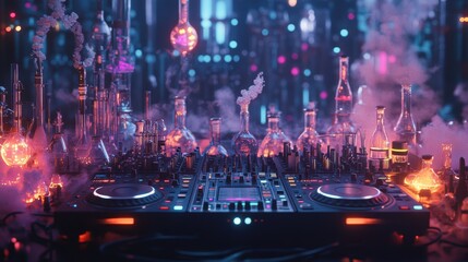 Obraz premium DJs performing on a DJ deck table, laden with futuristic chemical experiment setups and alchemical instruments. with the high technology. wide open.