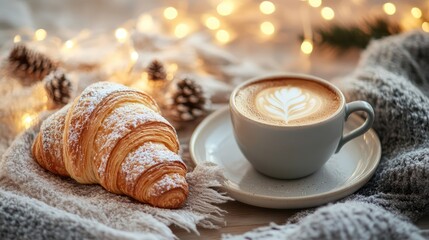 Croissant and coffee on winter background. AI generated illustration.
