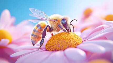   A bee on a flower with blue sky backgrounds
