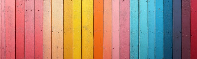 Brightly colored wood planks are painted in a rainbow of colors