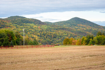 Obraz premium Harvested field with forested mountains in background on a partly cloudy autumn day