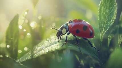 Obraz premium A ladybug on a leaf, surrounded by droplets of water, in a close-up The background features more foliage